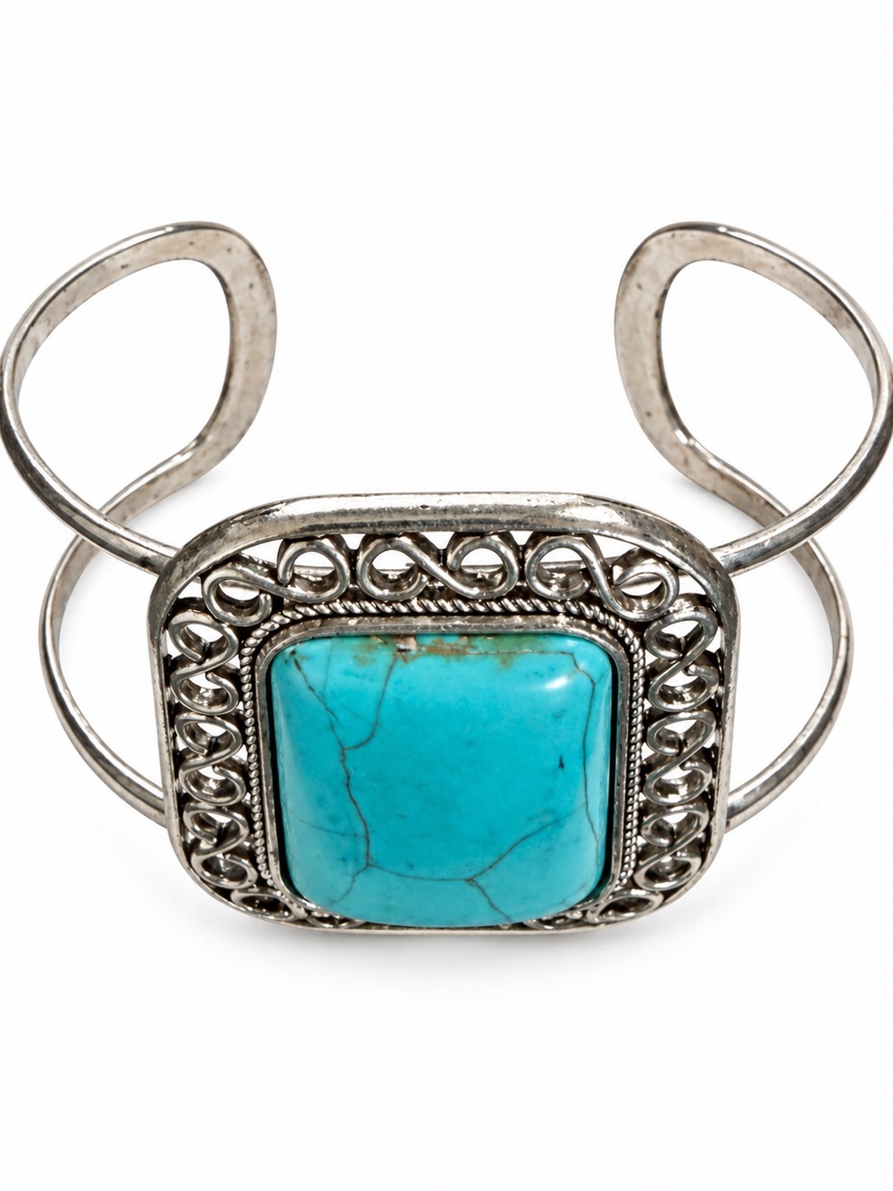 Turquoise Stone Silver Cuff Bracelet - Women Jewelry